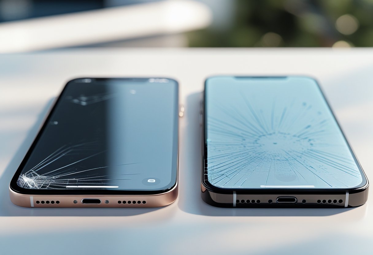 Er dyrt panserglas virkelig bedre end det billige? Eksperternes svar 2 Nærbillede af to smartphones med forskellige skærmbeskyttere, hvor den ene er klar og uden ridser, og den anden har synlige ridser og bobler.