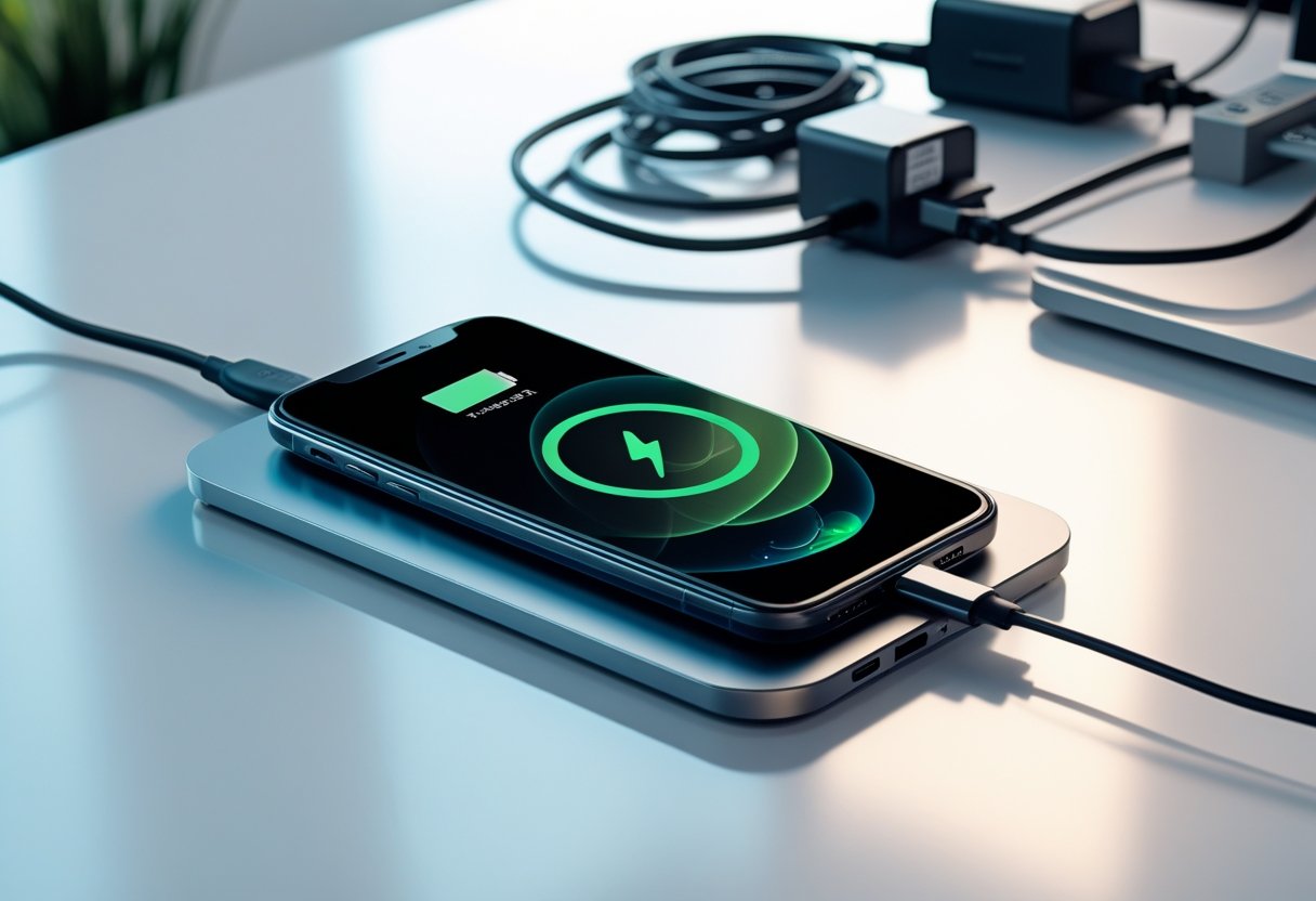 Hvorfor oplader min mobil langsomt? Løsninger & årsager forklaret 3 En smartphone på et bord tilsluttet en oplader med lavt batteriniveau, omgivet af sammenfiltrede kabler og elektronik.