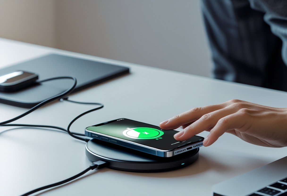 Hvorfor oplader min mobil langsomt? Løsninger & årsager forklaret 4 En smartphone, der oplades på en trådløs oplader på et skrivebord, med en persons hånd, der rører ved telefonen.