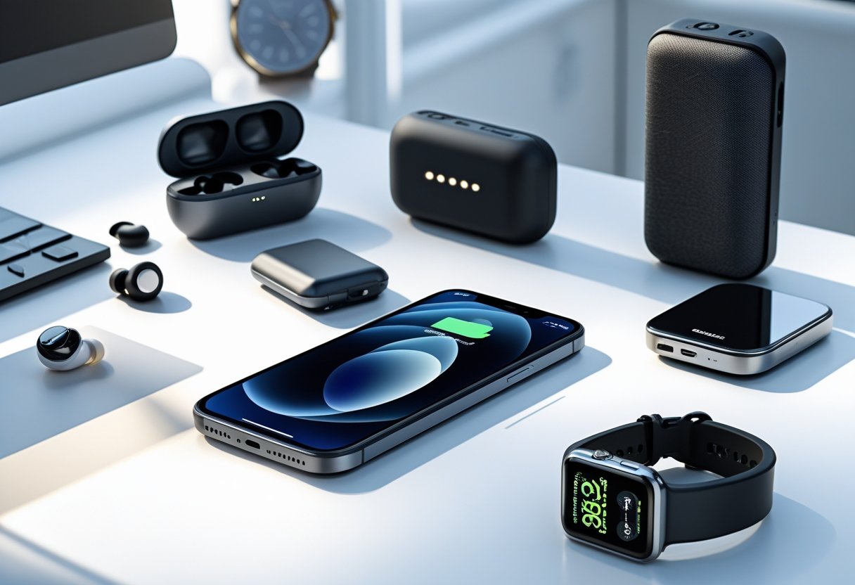 Must-have gadgets til din smartphone lige nu: De vigtigste valg 3 En smartphone på et skrivebord omgivet af forskellige essentielle gadgets som trådløse høretelefoner, powerbank, smart ur og telefonholder.