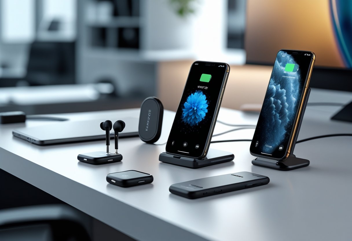 Must-have gadgets til din smartphone lige nu: De vigtigste valg 4 Et moderne skrivebord med avancerede og innovative smartphone-tilbehør som trådløse earbuds, bærbar oplader og telefonholder.