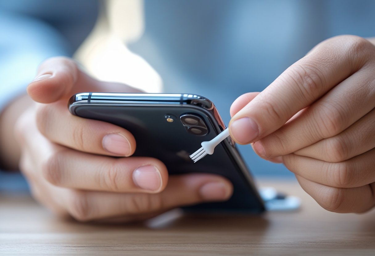 Sådan renser du opladerporten på din mobil: Effektive metoder 3 Nærbillede af hænder, der forsigtigt renser opladerporten på en mobiltelefon.